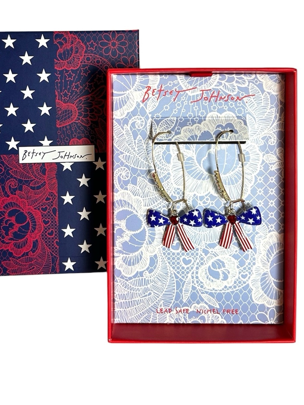 BETSEY JOHNSON Americana Patriotic Red, White & Blue Bow Drop Earrings NIB